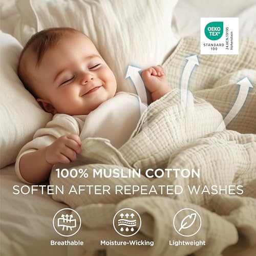 Bedsure 100% Cotton Muslin Blankets for Adults Large Throw 50x70 Inches - 4-Layer Breathable and Lightweight, Soft Boho Gauze Muslin Cotton Blanket for Couch Decor Travel Summer, Linen Beige