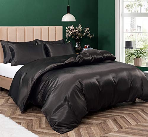 Black Satin Duvet Cover Twin - Luxury Soft Silky Fabric 68" x 90"