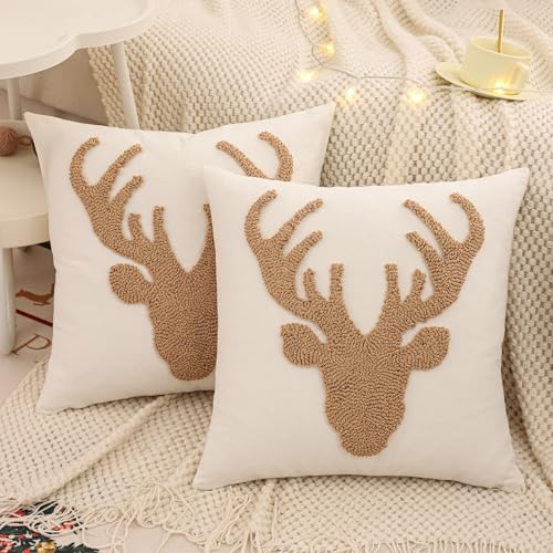 LUOYEHK Caramel Reindeer Christmas Pillow Covers 18x18 Set of 2 Rustic Holiday Decor