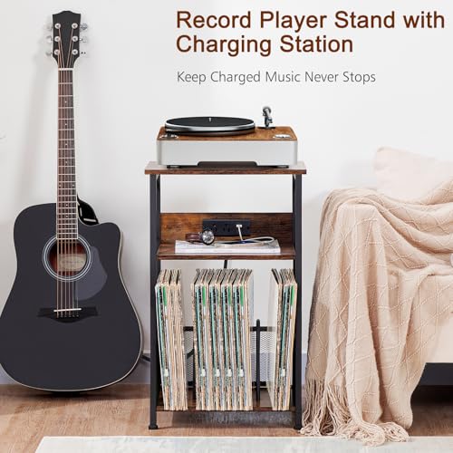 Record Player Stand with Charging Station & 3-Tier Vinyl Storage Table