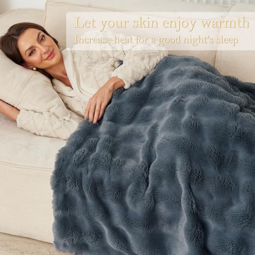 Washable Faux Rabbit Fur Heated Throw Blanket, 51"x63" with 10 Heat Settings