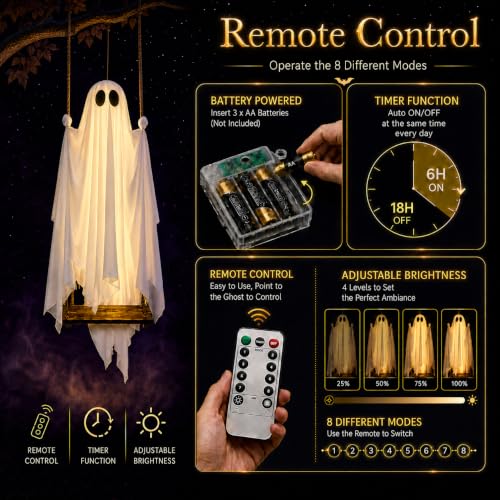 5ft Hanging Swing Ghost Halloween Outdoor Decoration with Remote Lights