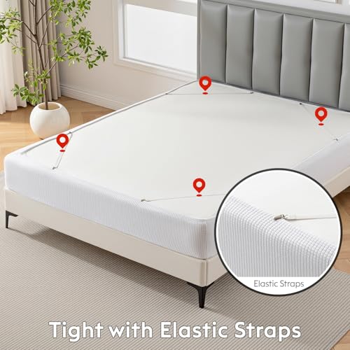 Jacquard Box Spring Cover - Stretchy Wrap Around Bed Skirt, Queen, White
