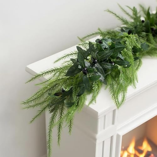 9FT Christmas Norfolk Pine & Olive Garland - Faux Greenery Wreath for Indoor Outdoor Decor