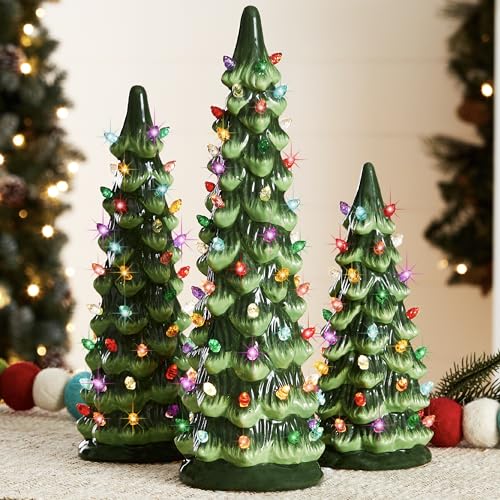 Pre-Lit Ceramic Christmas Trees, Set of 3 Hand-Painted Tabletop Decor