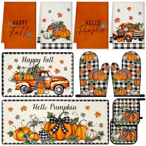 10-Piece Fall Kitchen Decor Set: Pumpkin Oven Mitts, Pot Holders, Towels, Rugs