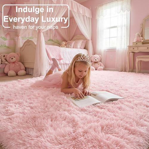 Light Pink Fluffy Area Rug (4x6) - Soft Plush Shag Carpet for Kids Bedroom