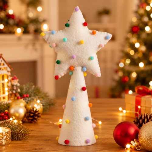 10-Inch Felt Christmas Star Tree Topper with Rainbow Pom Poms - White Holiday Decor