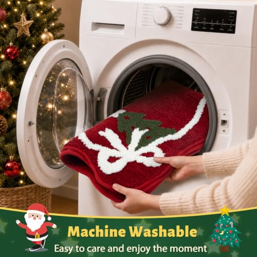 Uphome Christmas Bow Red Scalloped Bathroom Rug 22x36 - Non Slip Holiday Bath Mat