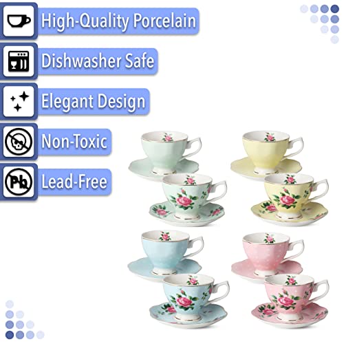 Brew To A Tea Floral Tea Cup & Saucer Set of 8, 8 oz Multicolor Porcelain