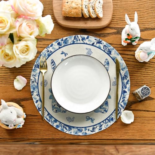 Artoid Mode Blue and White Porcelain Bunny Easter Placemats Set of 4, 14-Inch Round Spring Table Decor