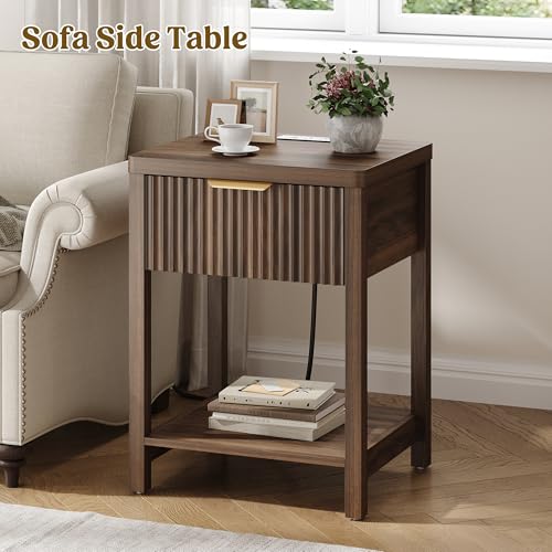 Fluted Wood Nightstand Set of 2 with Charging Station and Storage Drawer
