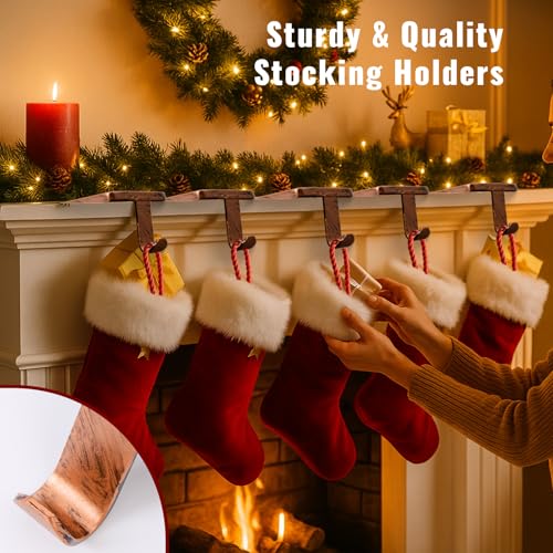 Btanadi 6 Pack Copper Metal Christmas Stocking Holders - Weighted Mantle Hangers with Non-Slip Pads