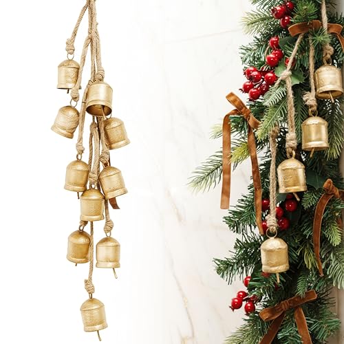 Rustic Gold Christmas Bell Ornaments Set with Velvet Bows - Holiday Decor