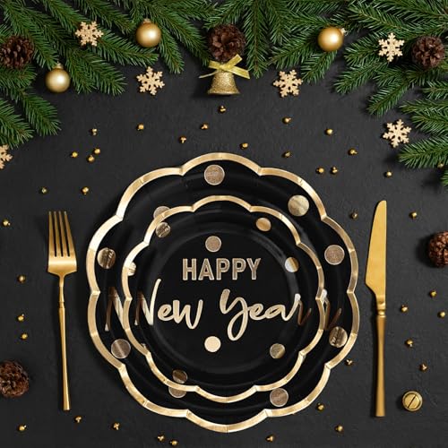 LeZakaa 25Pcs Christmas Paper Plates 7 Inch Black & Gold New Year Design