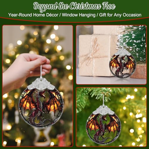 GMEMNOV Hand-Painted Stained Glass Dragon Christmas Ornament - Flying Dragon Holiday Decor