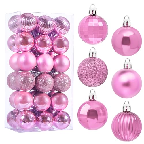 Glavatrix Pink 36-Piece 1.6in Shatterproof Christmas Ball Ornaments - Matte/Gloss/Striped, with Hooks