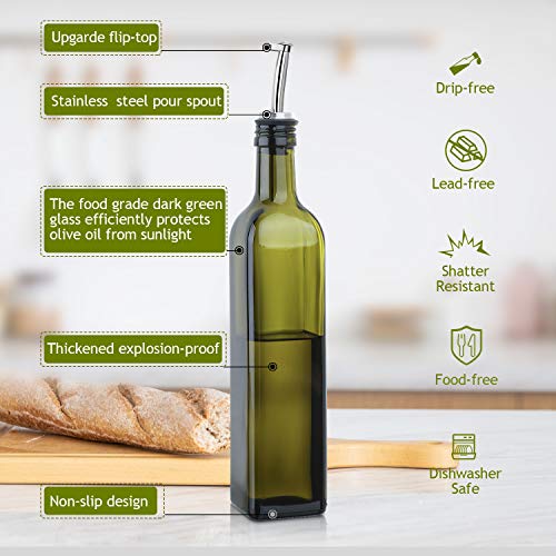 Glass Olive Oil Dispenser Bottle Set - 17oz Green Glass Cruet with Pourers
