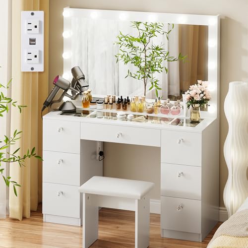 44-Inch Makeup Vanity Desk with Lighted Mirror, 7 Drawers and Stool