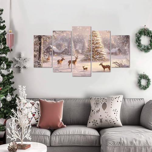 Christmas Canvas Wall Art 5 Piece Snow Deer & Tree Winter Scene Rustic Decor 8x14x2 8x18x2 8x22x1
