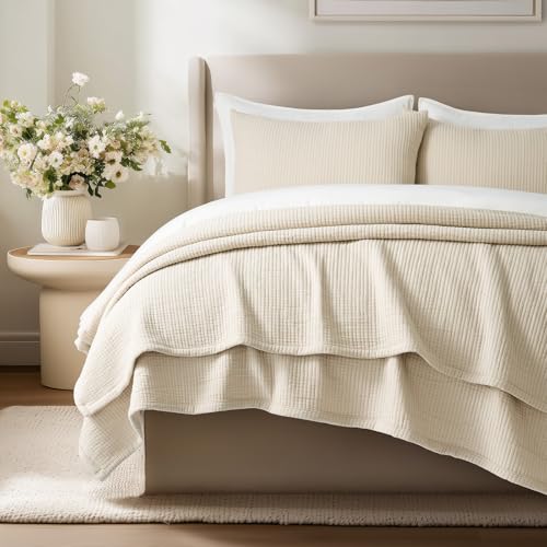 EverGrace Cotton Gauze Matelassé Coverlet Set - King Size, Soft Oat