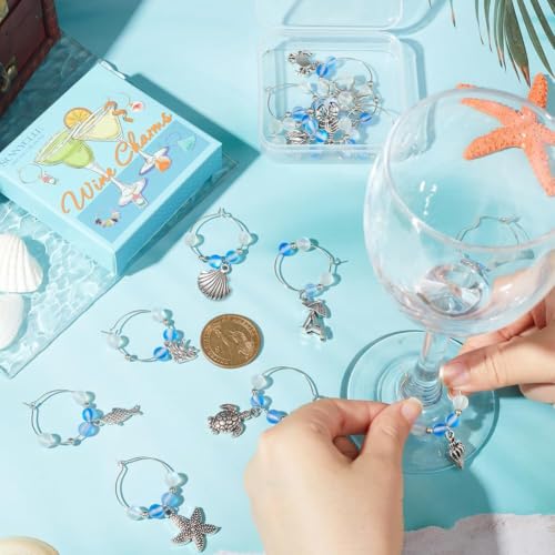 Summer Ocean Wine Charms Set with Upgraded Gift Box - 14 Silver Tone Drink Markers for Glasses, Party & Wedding Decor