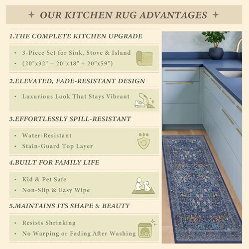 3-Piece Vintage Floral Kitchen Rug Set, Non-Slip Washable Runner Mats