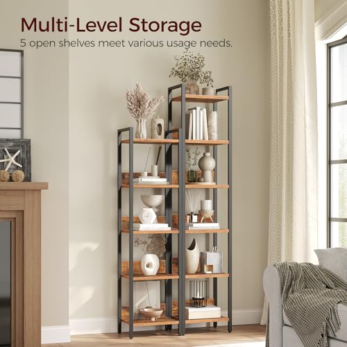 5-Tier Standing Bookshelf, Rustic Industrial Storage Organizer