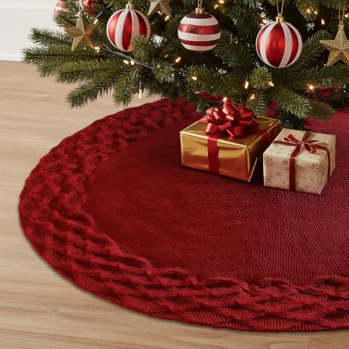 TOCHGREEN Red Knitted Christmas Tree Skirt 36 Inches - Diamond Cable Knit