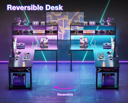 53-Inch L-Shaped Gaming Desk with Hutch, LED Lights, and Storage Shelves