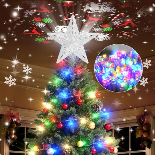 Silver Lighted Christmas Tree Topper Star with 3D Rotating LED Projector