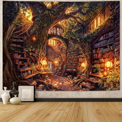 Vintage Forest Library Tapestry - Fantasy Bookshelf Wall Hanging (80 x 60 in)
