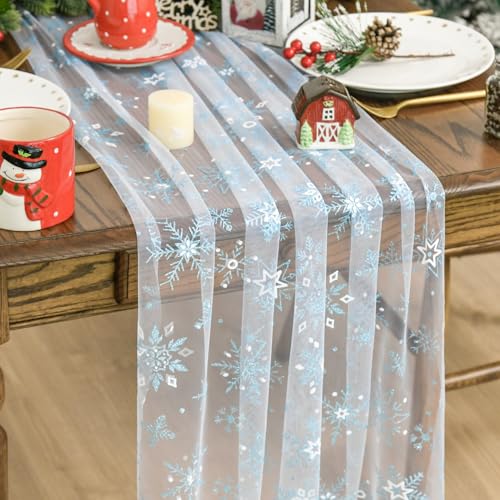 Artoid Mode Blue Snowflakes Merry Christmas Gauze Table Runner 28 x 120 Inch / 120in White-Blue