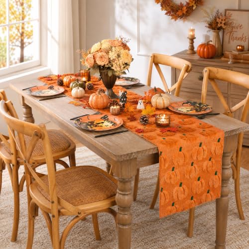 LuoluoHouse Fall Table Runner with 3D Faux Pumpkin Design, Caramel, 13x48 Inch