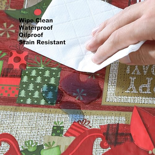 84x60 Inch Red Sleigh Bells Christmas Tablecloth - Festive Vinyl Holiday Cover