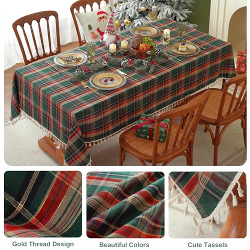 Christmas Green Checkered Tablecloth 86x55 Inch Rectangular Buffalo Plaid with Tassels