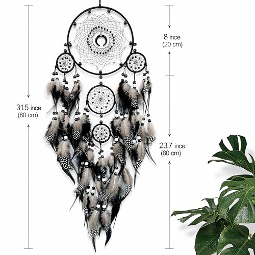 Large Black Dream Catcher Wall Decor with Tree of Life and Natural Feathers