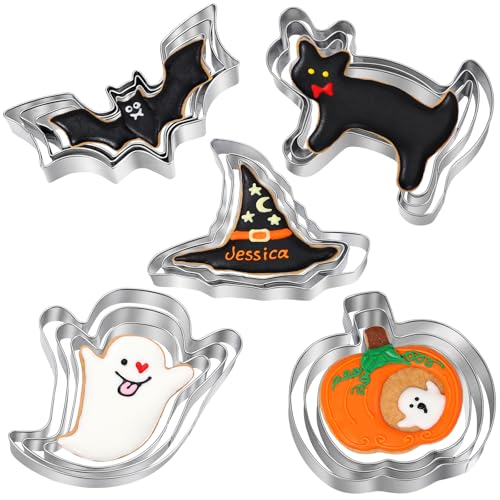KULENAND Halloween Cookie Cutters Set 15 Pcs - Pumpkin Ghost Bat Cat Witch's Hat
