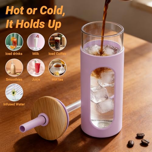 26 oz Glass Tumbler with Bamboo Lid and Straw, Reusable Iced Coffee Cup