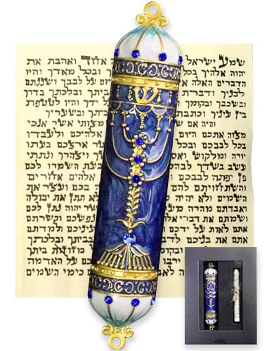 3.8-Inch Enamel Mezuzah Case with Scroll, Royal Blue Metal Door Mezuzah
