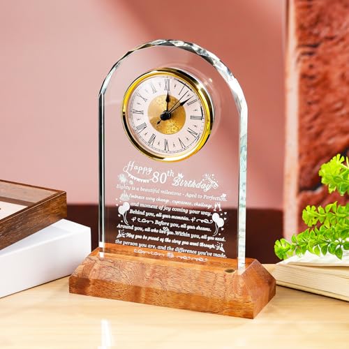 80th Birthday Glass Desk Clock with LED Light Base - Milestone Keepsake Gift