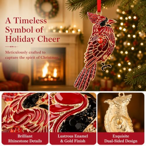 Metal Red Cardinal Christmas Ornament with Rhinestones - Red Cardinal Bird, 2x4 in, WYARMGIF