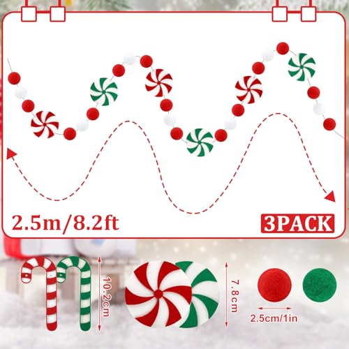 Jansun 3 Pack Christmas Felt Candy Cane Garland - Candy Themed Holiday Decor