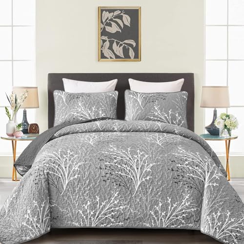 DJY Queen Botanical Quilt Set - 3-Piece Grey Microfiber Coverlet Bedspread