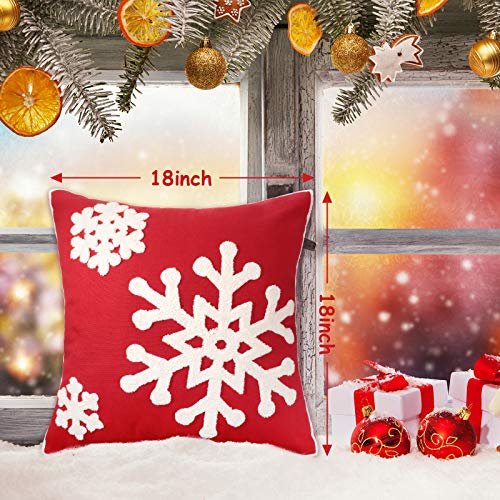 Christmas Snowflake Throw Pillow Covers 18x18 Set of 4 Red White Embroidered Linen Decor
