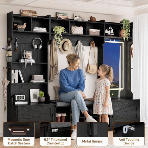 86.6" Extra Large Farmhouse Hall Tree with LED Mirror and Shoe Storage