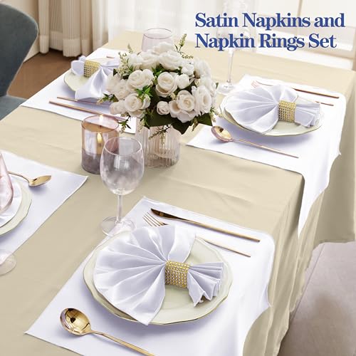 50-Piece White Satin Cloth Napkins and Napkin Rings Set, 17 x 17 Inch