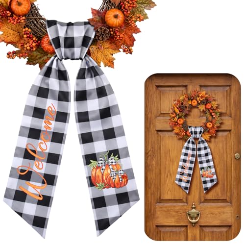 Fall Pumpkin Wreath Sash Buffalo Plaid Autumn Front Door Decor