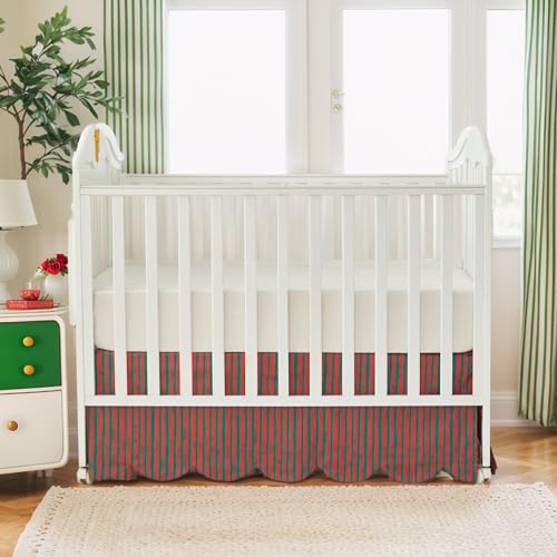 Cotton Crib Skirt with Scallop Edge - Holiday Red & Green Stripes, Baby Nursery Bedding