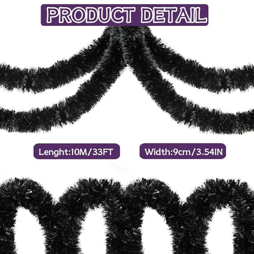 33ft Black Metallic Tinsel Garland for Christmas & Halloween Decor